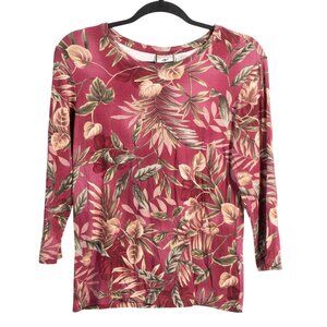 Caribbean Joe Tropical Floral Shirt S Womens Burgundy Leaves 3/4 Sleeve Stretch